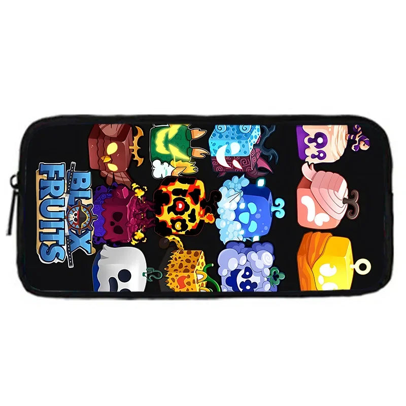 A black pouch featuring various colorful cartoon fruit and animal designs for a school backpack set.