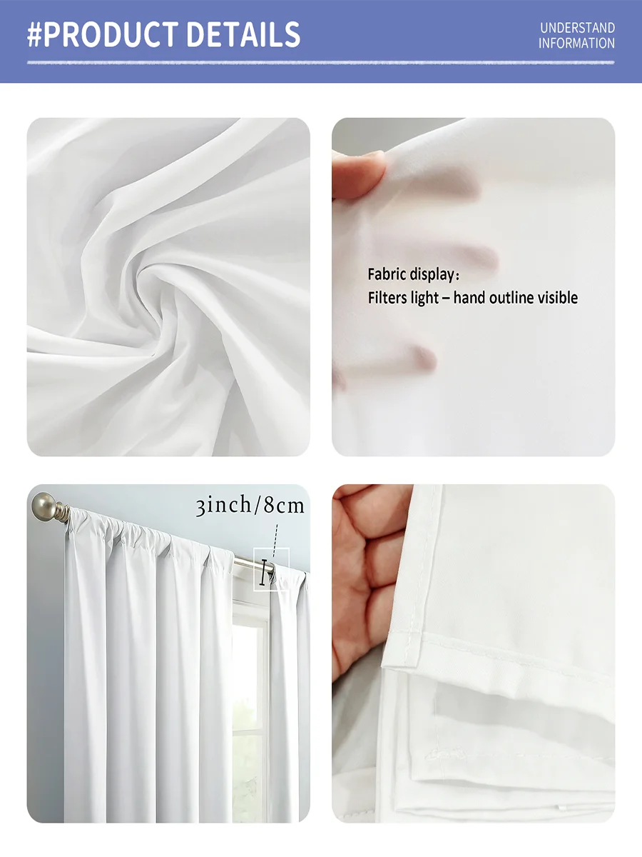 Close-up display of white fabric texture and a finished curtain panel showing light filtering.