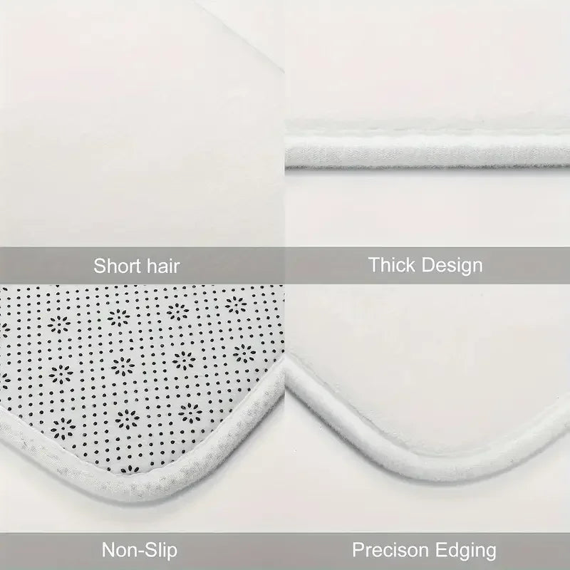 A close-up view of a white, non-slip rug with a textured surface and precision edging.
