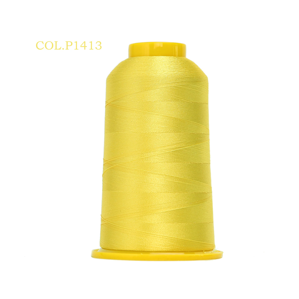 A spool of yellow high tenacity polyester embroidery thread labeled COL.P1413.