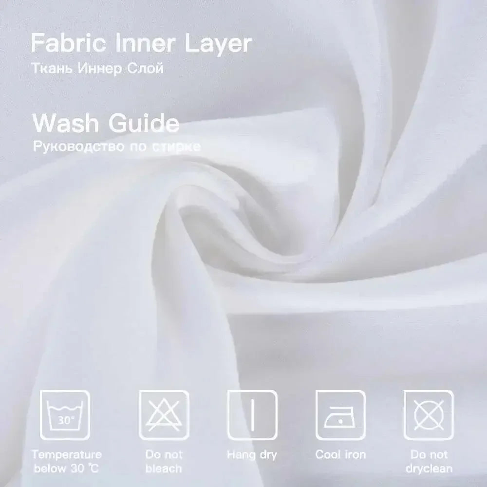 A white fabric inner layer with washing instructions displayed on a white background.