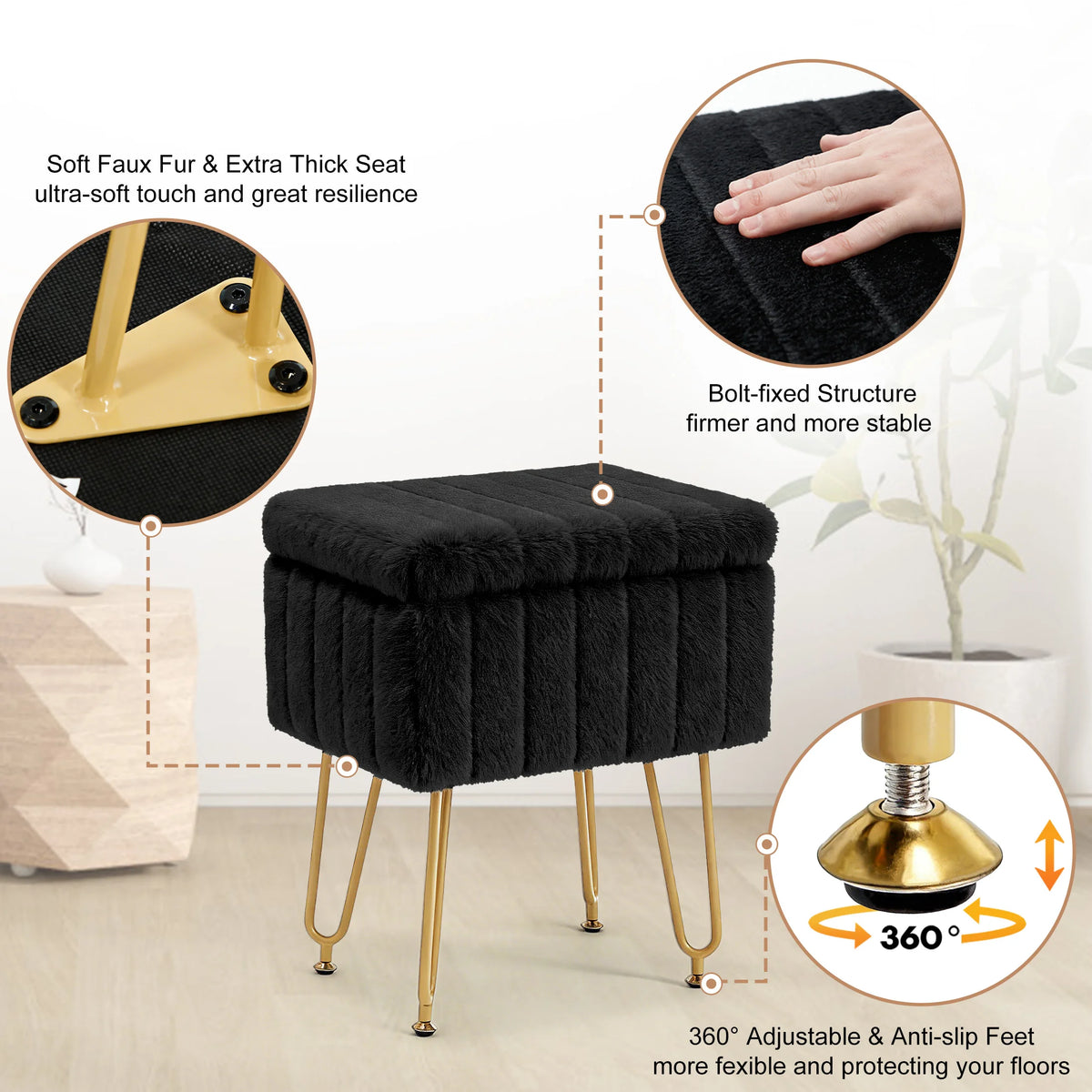 Black faux fur ottoman with gold metal legs showing texture and stability features