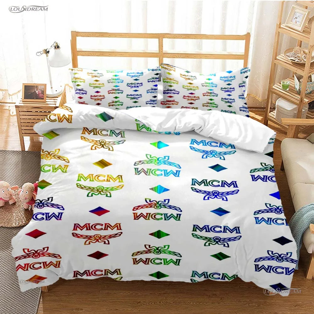 White duvet cover set featuring repeating MCM logo patterns in various colors on a wooden bed frame.