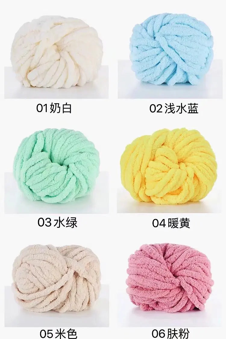 Six balls of hand-woven chunky chenille yarn in white, light blue, green, yellow, beige, and pink.
