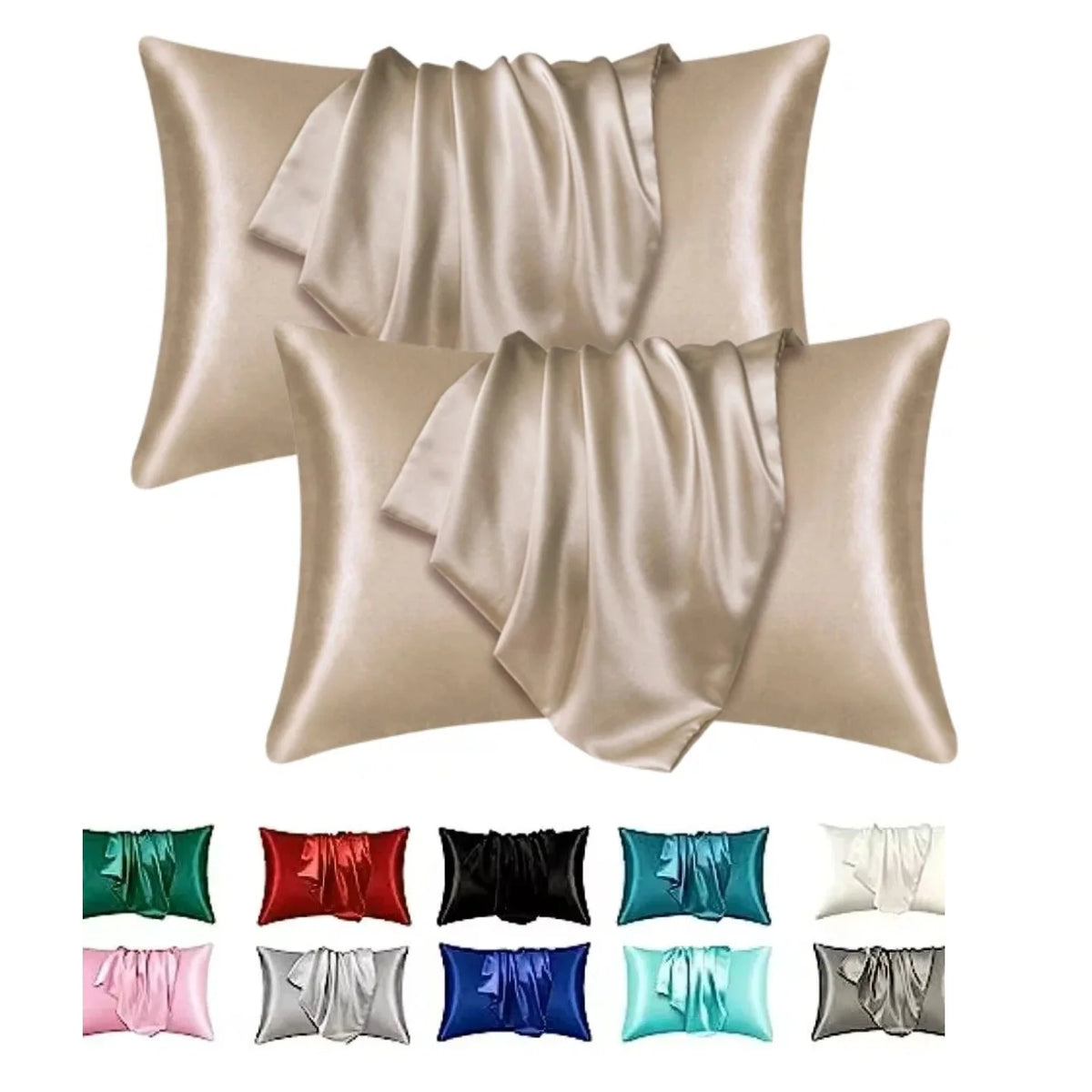 A set of satin silk pillow covers in various shades including beige, green, red, black, blue, and white.