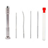 A set of four interchangeable leather sewing awls and needles with a metal holder and plastic container.
