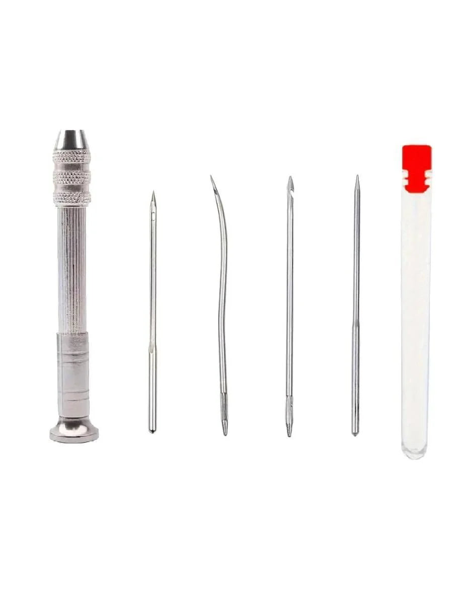 A set of four interchangeable leather sewing awls and needles with a metal holder and plastic container.