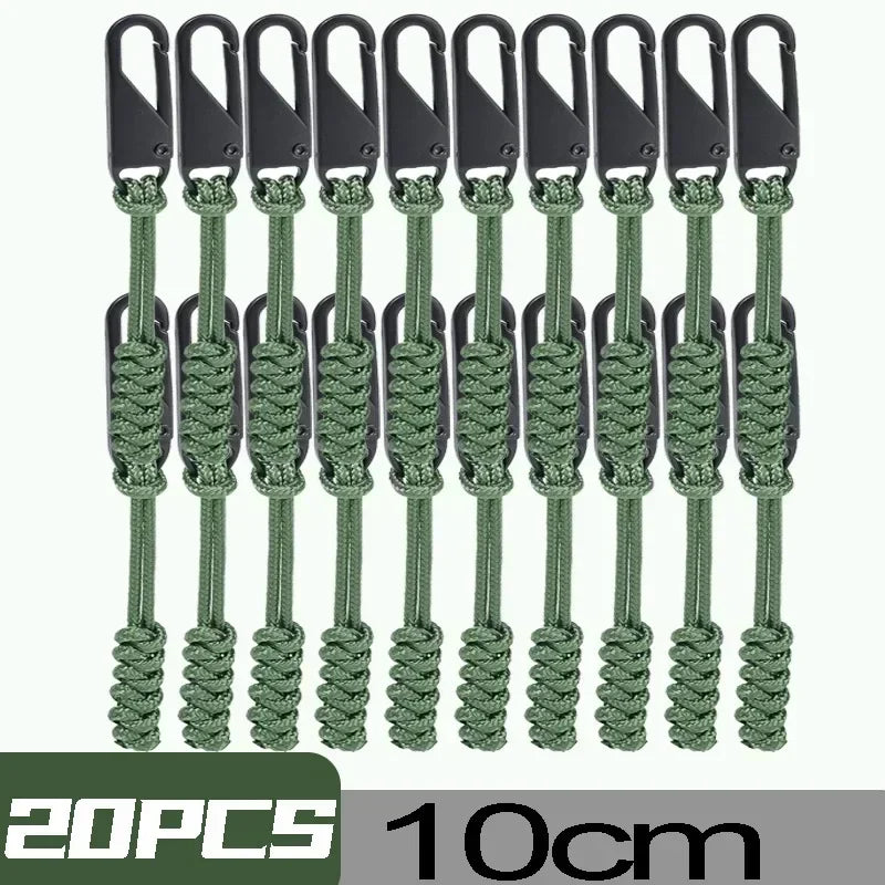 A set of twenty detachable zipper pull sliders in a moss green color, measuring 10cm each.