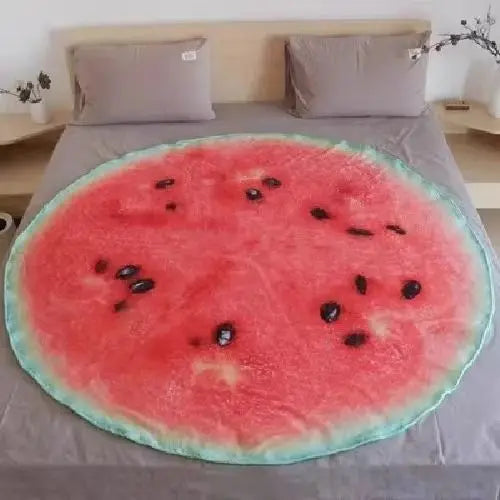 A plush throw blanket featuring a funny pizza pattern in shades of red and green.