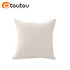 A square, light beige linen cushion cover with a button closure.