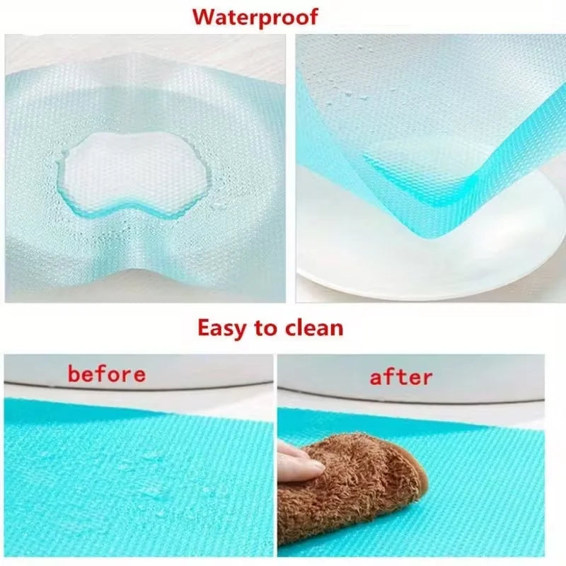 Demonstration of waterproof refrigerator shelf liners showing before and after cleaning.