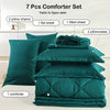 A set of 7 pcs comforter products including pillows, sheets, and a comforter in a deep teal color.