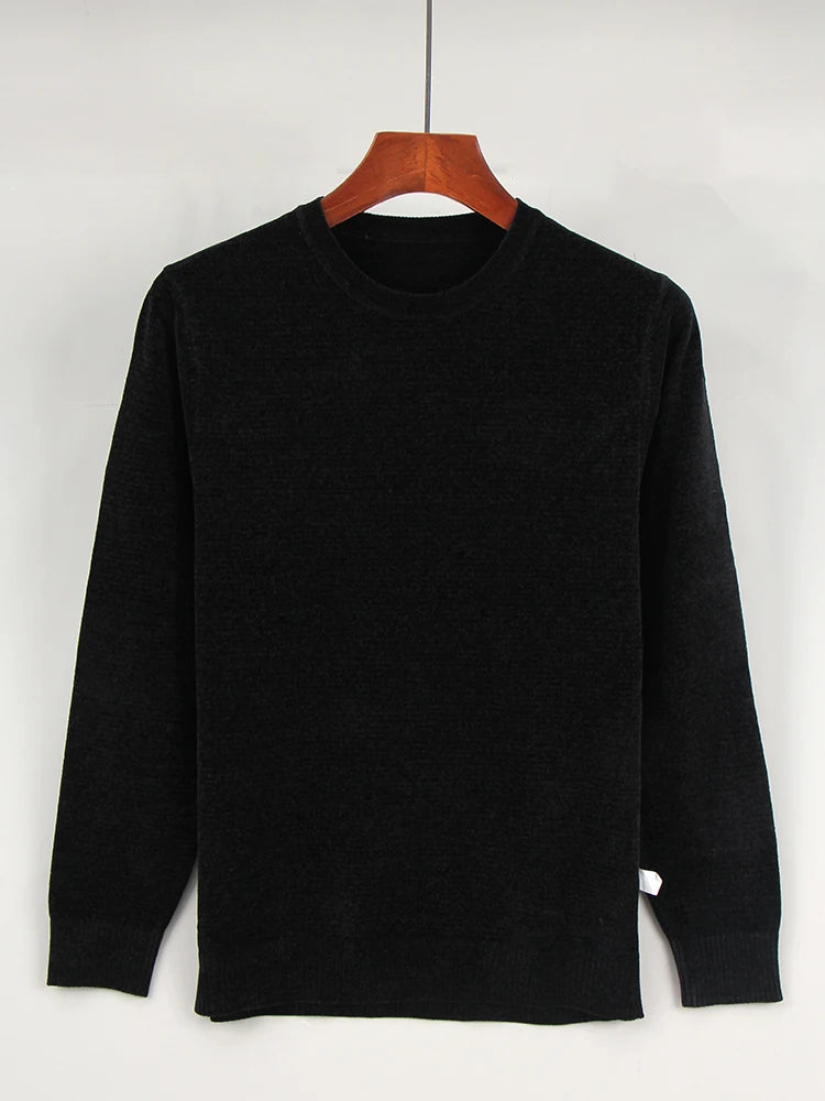 Black crew neck sweater displayed on a wooden hanger.