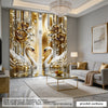 Elegant champagne gold and white swan curtains with floral accents set of two hanging in a modern room