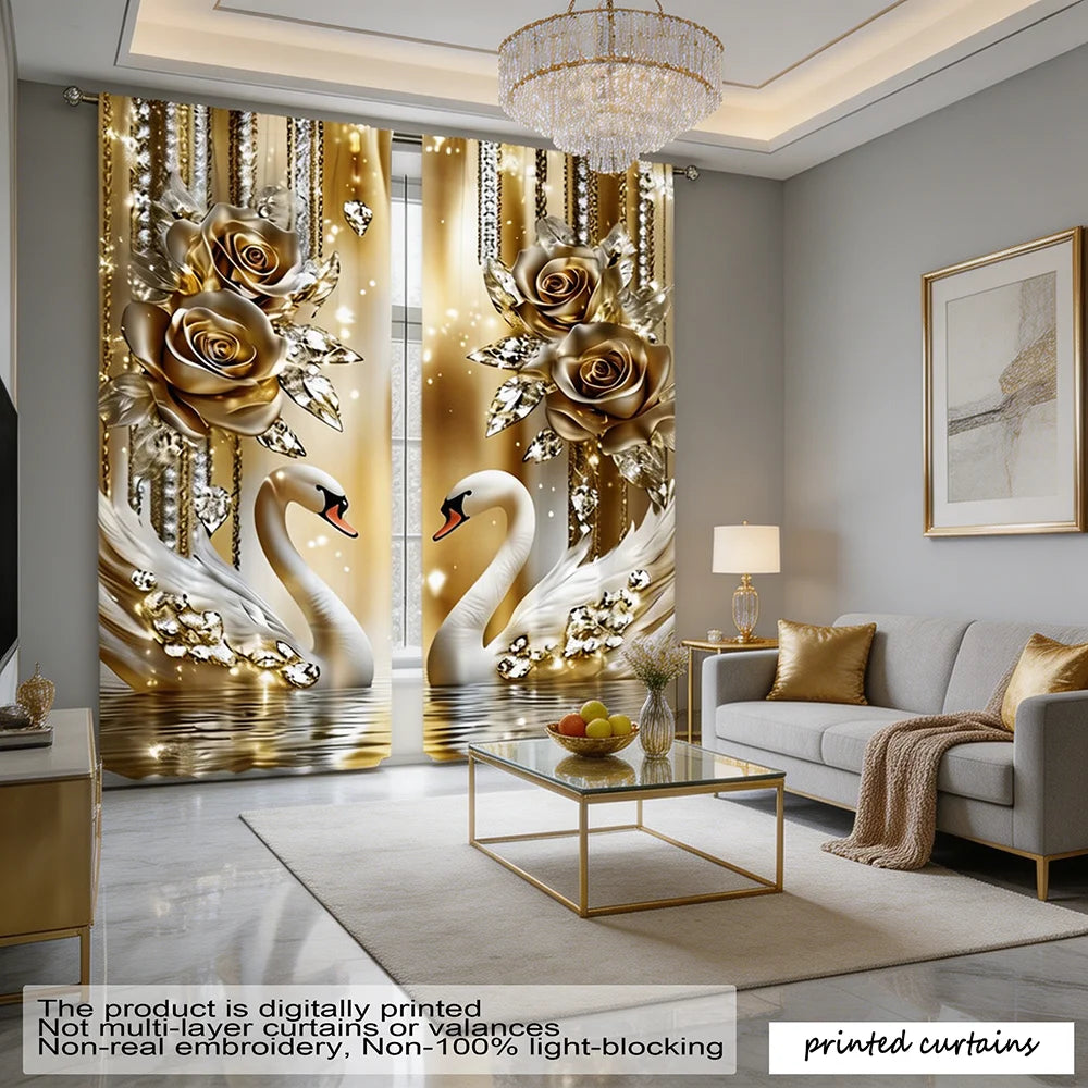 Elegant champagne gold and white swan curtains with floral accents set of two hanging in a modern room