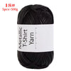Black metallic T-shirt yarn skein with a label indicating 18# and 5 pieces weighing 500g
