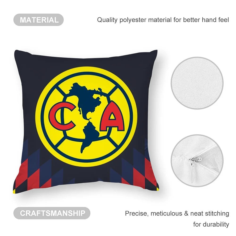 A dark blue pillow case featuring a yellow circular logo with the letters CA inside, made from quality polyester material.