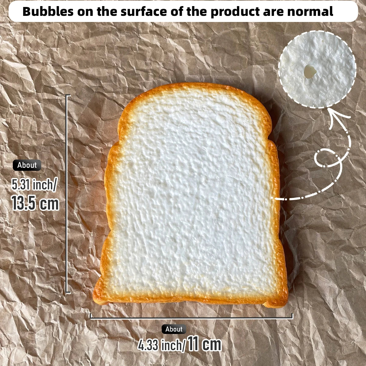 A slice of toasted bread with normal bubbles on the surface, shown on brown paper.