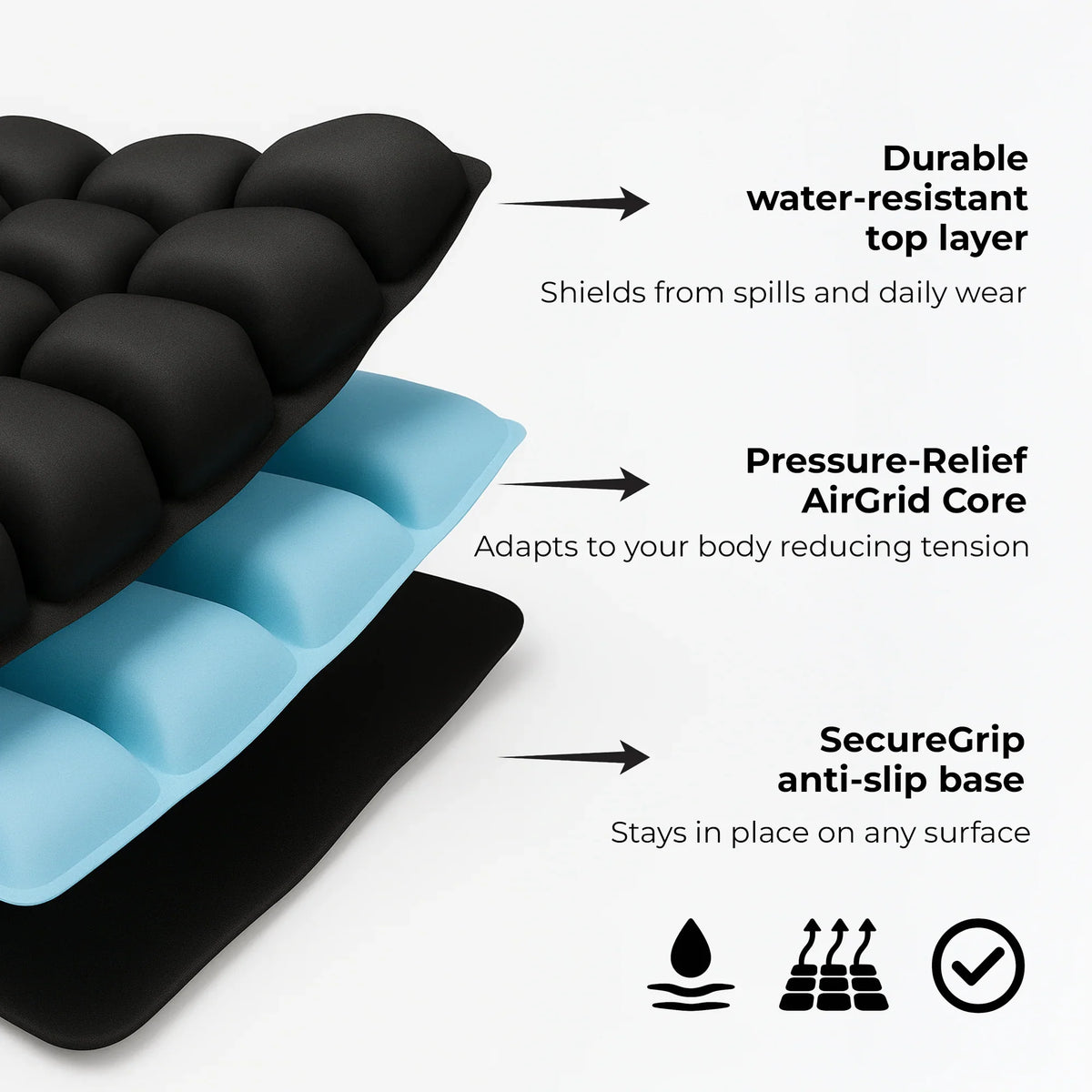 An adjustable press-to-inflate seat cushion shown with its layers: a durable top layer, a pressure-relief AirGrid core, and a