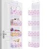 A tall white foldable over-the-door storage organizer with pink floral patterned compartments.