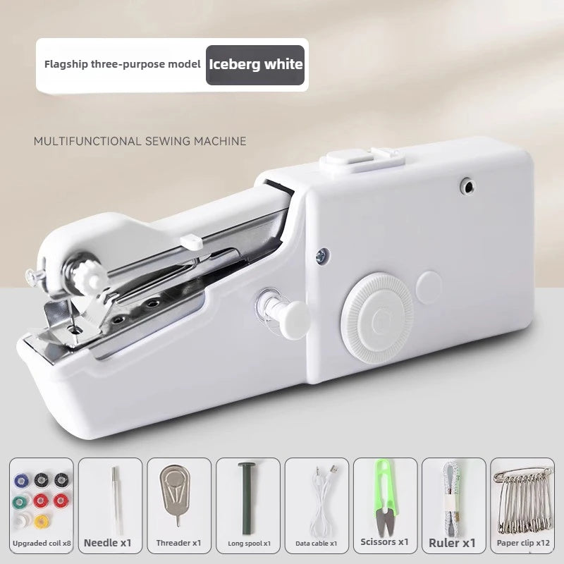 White flagship three-purpose multifunctional sewing machine with various needles and tools displayed below.