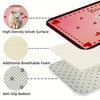 A product diagram showing features of a rug including high density velvet surface, breathable foam, and an anti-slip bottom.