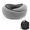 Gray memory foam travel neck pillow with a black mesh cover
