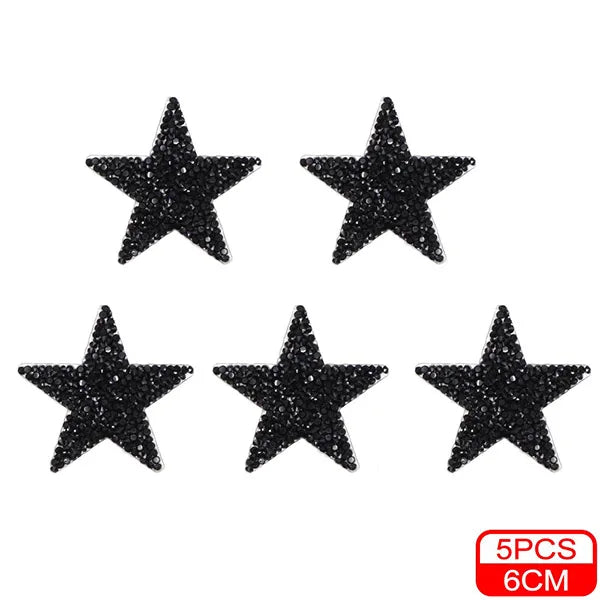 Five black glitter rhinestone star iron-on patches for clothing