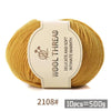 A ball of golden yellow wool thread labeled Wool Thread for knitting with a weight indicator.