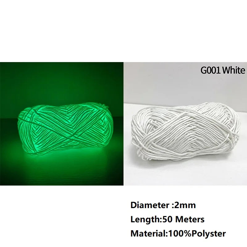 White polyester yarn with green LED lights, 2mm diameter and 50 meters long.