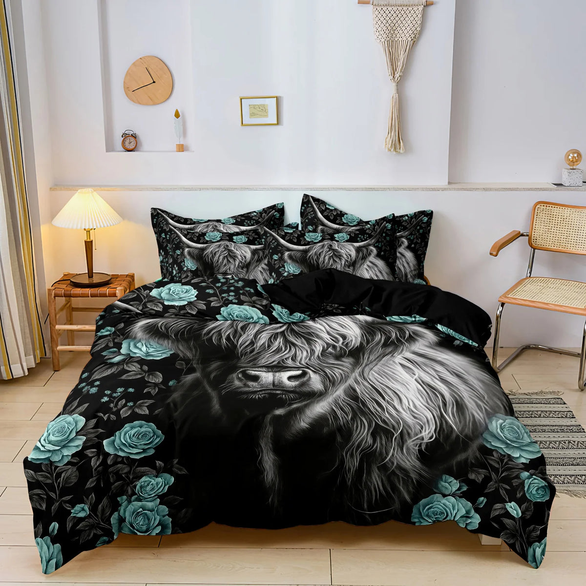Black and white Highland cow print bedding set featuring a detailed bovine face design.