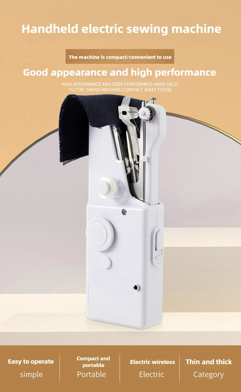 A white handheld electric sewing machine is shown against a light background.