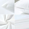 Close-up shots of a white square decorative throw pillow cover showing texture and stitching.
