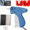 A blue fabric fixer tool with a needle and clips, shown next to the components and a red garment.