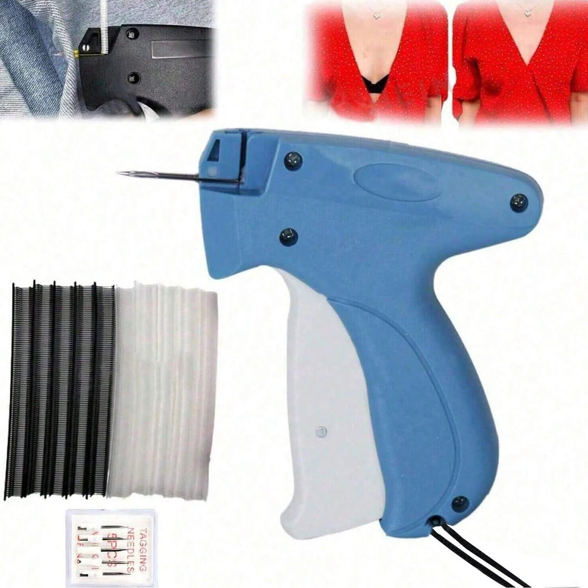 A blue fabric fixer tool with a needle and clips, shown next to the components and a red garment.