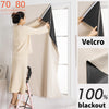 A woman is installing a beige blackout curtain on a window using Velcro, demonstrating customization options.
