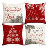 A set of four festive red and white Christmas themed throw pillows featuring holiday text and designs.