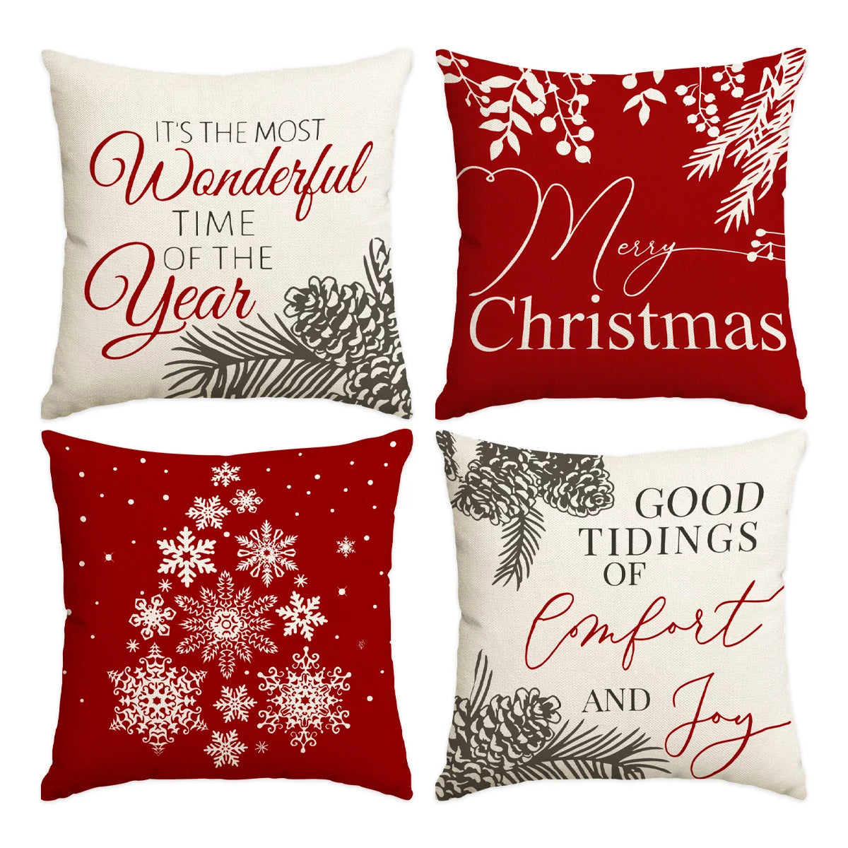 A set of four festive red and white Christmas themed throw pillows featuring holiday text and designs.