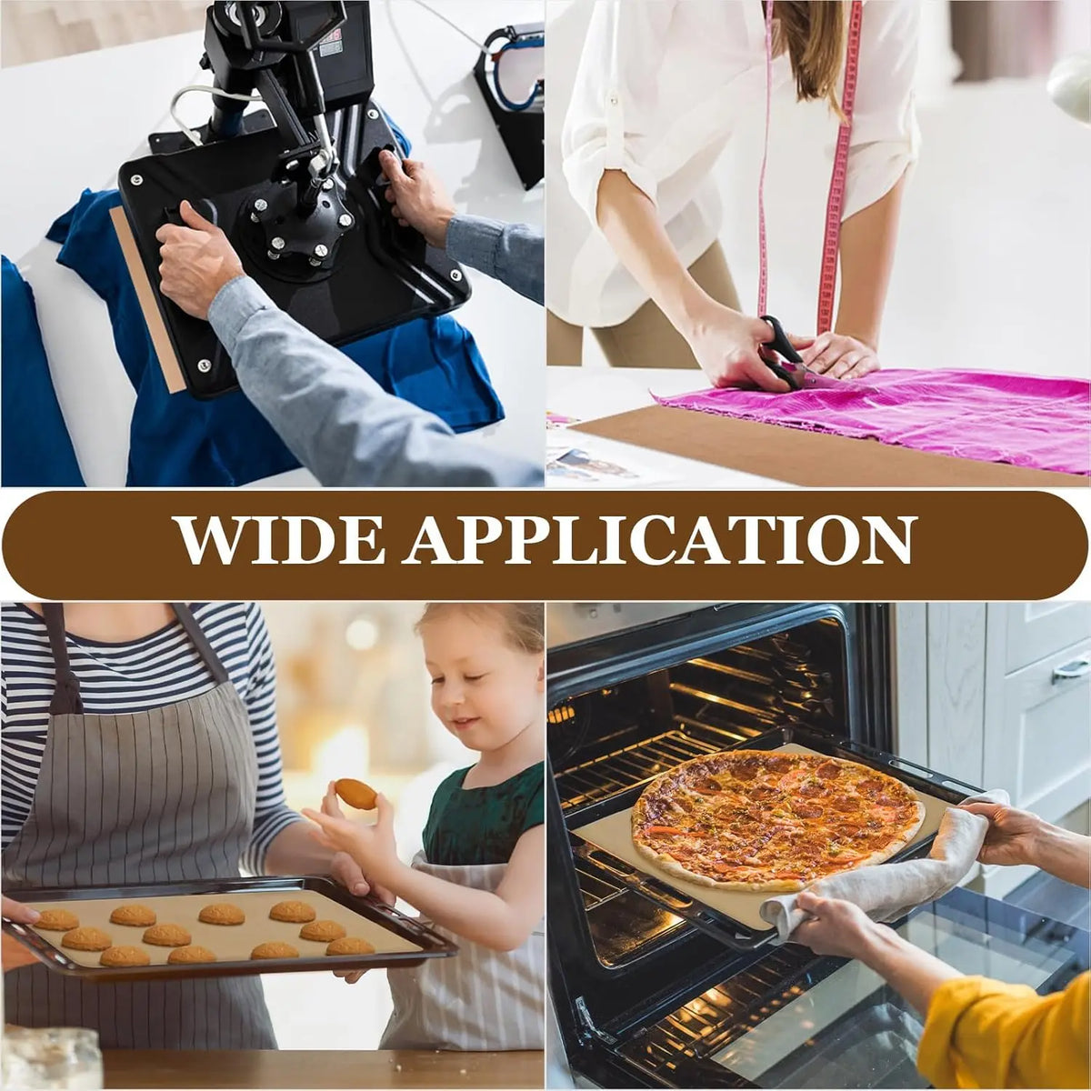 A collage showing various uses of reusable PTFE heat press transfer sheets including pressing items and baking.