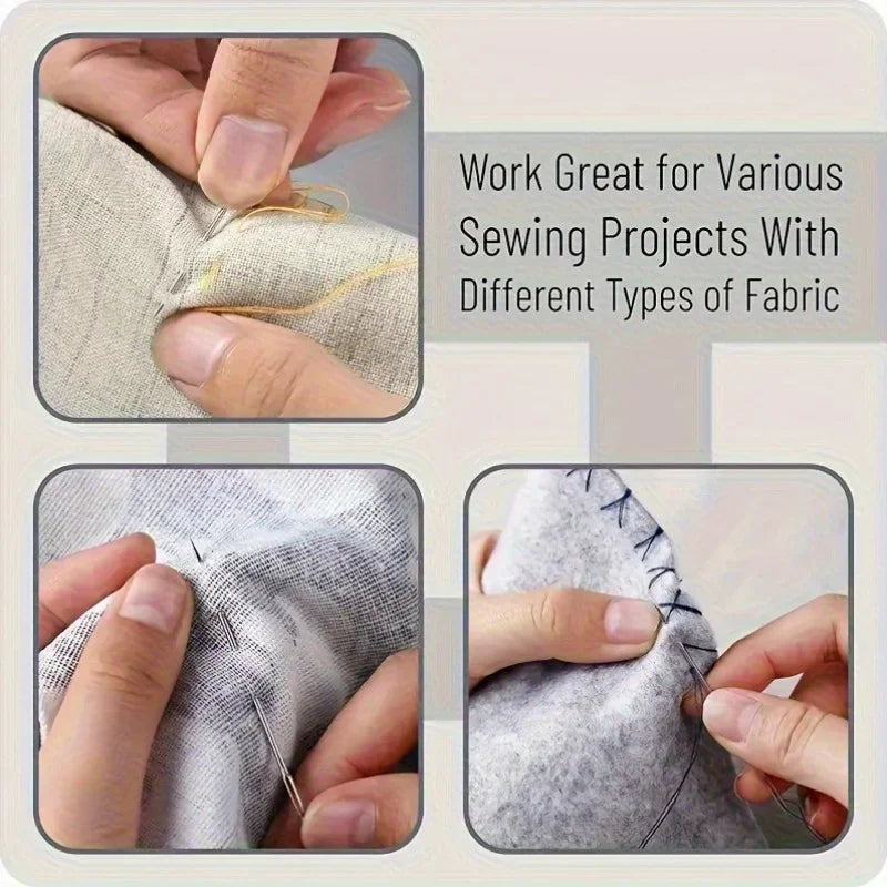 Hands sewing a light fabric with a needle and thread, demonstrating the kit's versatility.