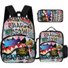 A set of three graphic print backpacks featuring a black and colorful design with shark crew themes.