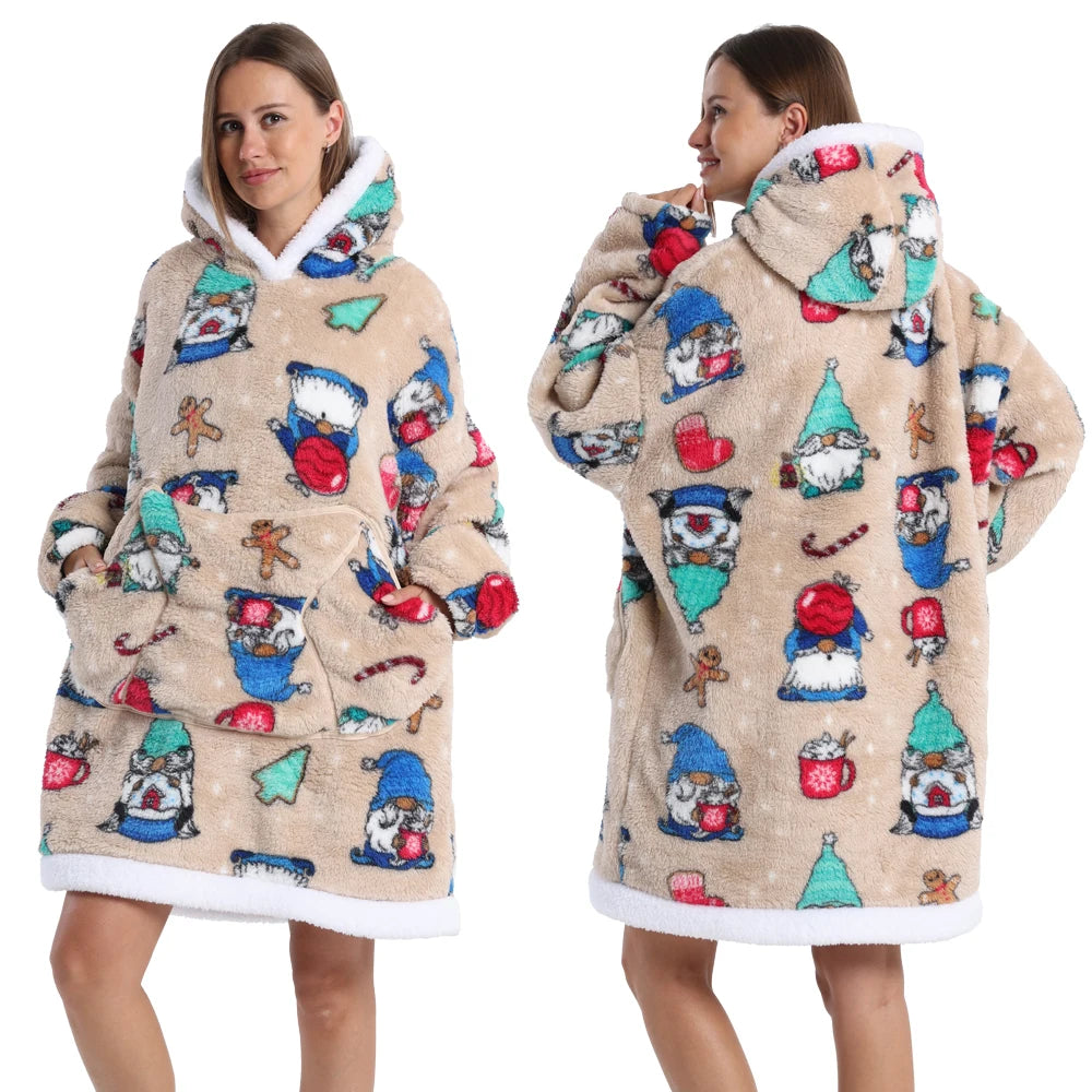 A beige patchwork fleece hoodie with colorful embroidered characters and a sherpa lining.