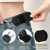 A close-up of a black elastic belt being fastened onto denim jeans using a metal hook and strong adhesive.