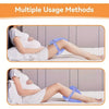 A woman is shown using a blue memory foam knee pillow for pregnancy support while lying down.