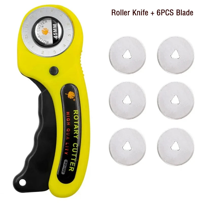 Yellow rotary knife tool with a black handle and six replacement blades.