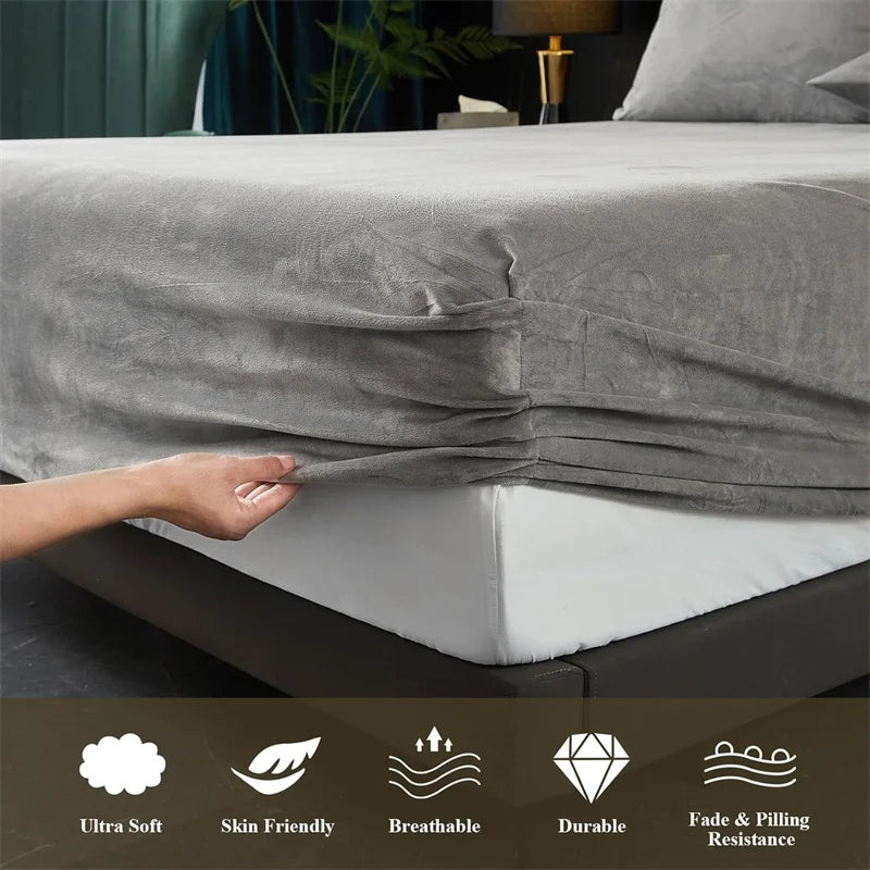 A close-up of a gray velvet bedding set showing the fabric texture and features like ultra soft skin friendly breathable dura