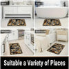 A letter doormat for taking off shoes shown in various contexts like a sink, tub, kitchen, and bedroom.