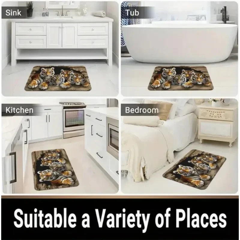 A letter doormat for taking off shoes shown in various contexts like a sink, tub, kitchen, and bedroom.