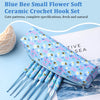 A blue bee flower soft ceramic crochet hook set with cute patterns and specifications displayed on a light blue background.