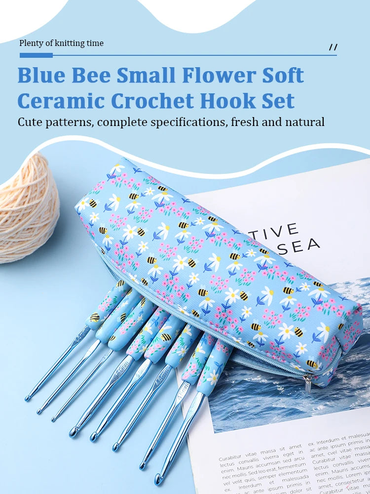 A blue bee flower soft ceramic crochet hook set with cute patterns and specifications displayed on a light blue background.